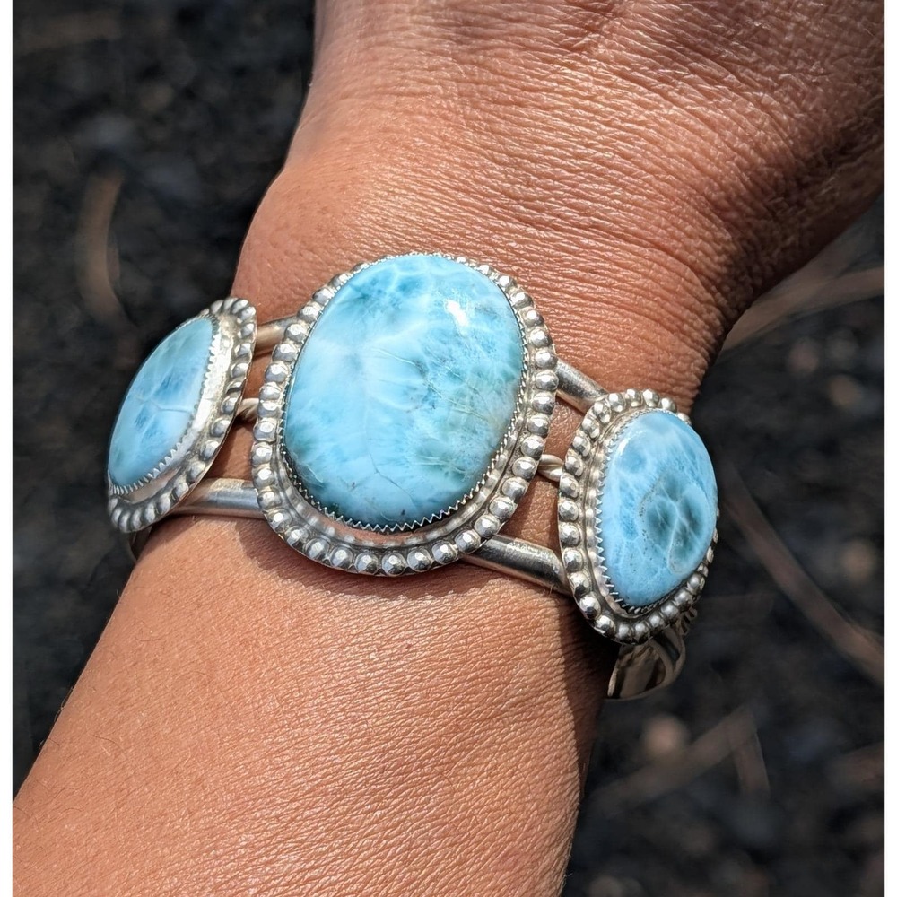 Handmade Larimar Statement Cuff Bracelet in Sterling Silver Unique Jewelry Gift*
